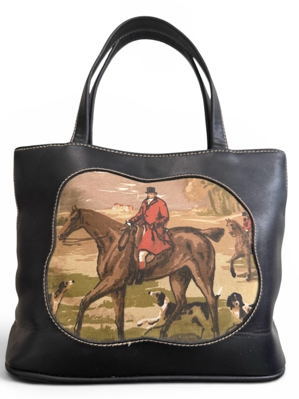 Vintage Faux Leather Tote with Equestrian Huntsman Paul Davis Artwork Panel